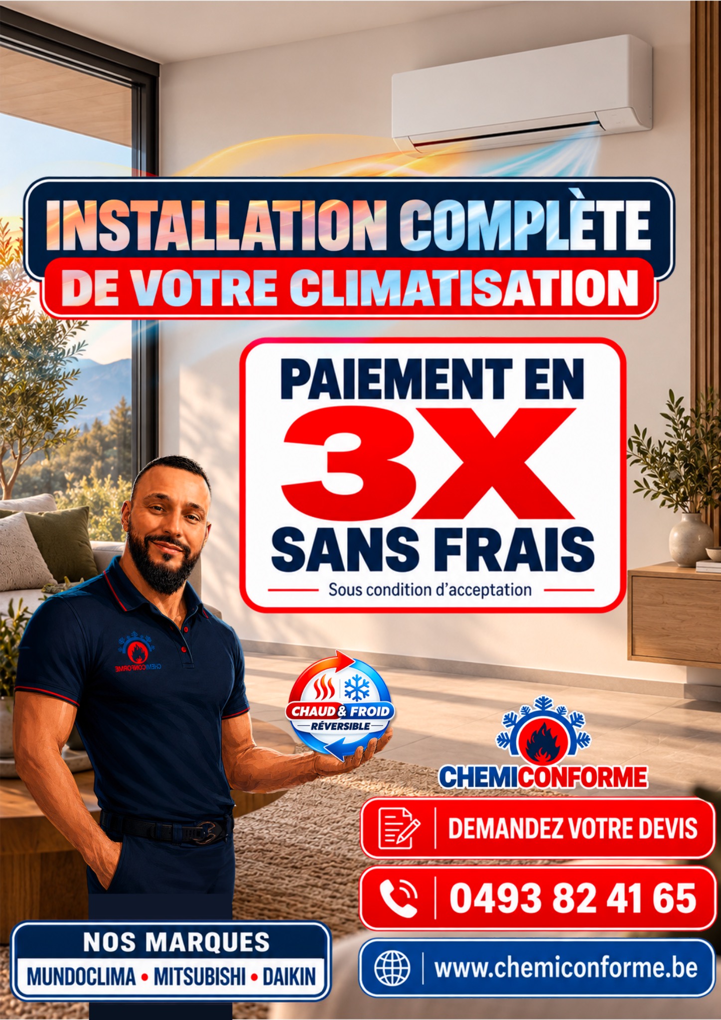 Publicité originale ChemiConforme : installation complète de climatisation et paiement en 3 fois sans frais sous condition d’acceptation