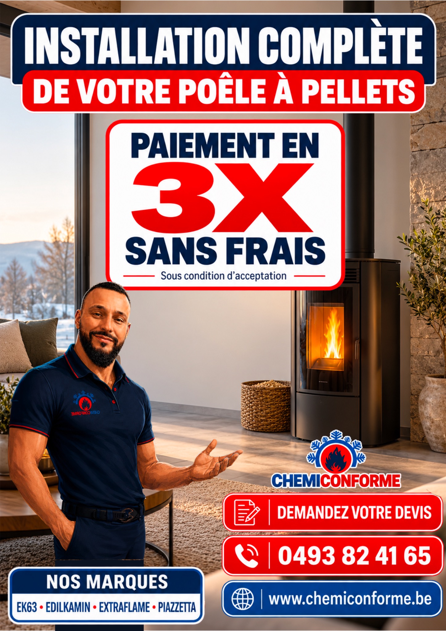 Publicité originale ChemiConforme : installation complète de poêles à pellets, paiement en 3 fois sans frais sous condition d’acceptation